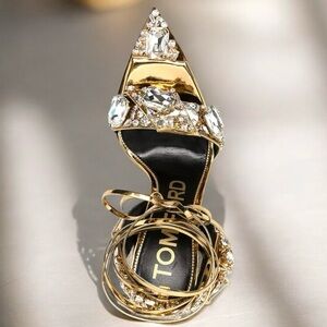 Tom Ford Gold Mirror 110cm Crystal Embellish Jewel Ankle-Tie  Sandal Heel